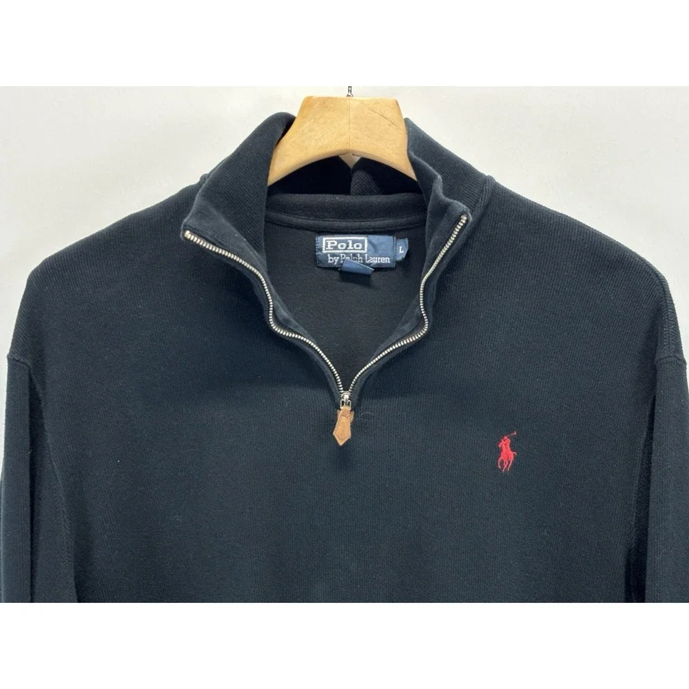 VTG Polo Ralph Lauren Mens Sweater Large Black 1/4 Zip Knit Cotton Y2K red pony